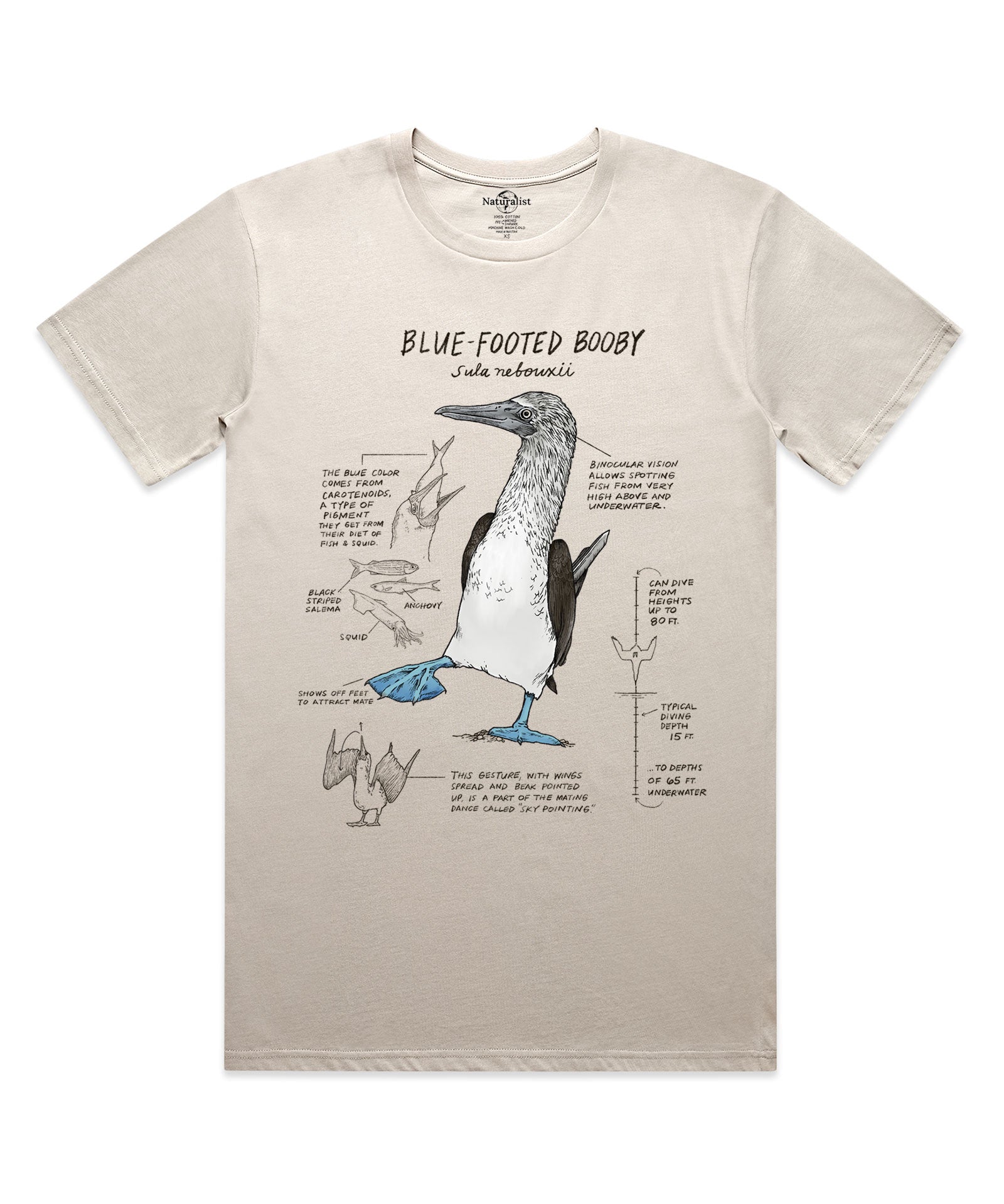 Beige t-shirt with a graphic of a blue-footed booby bird and text on a white background