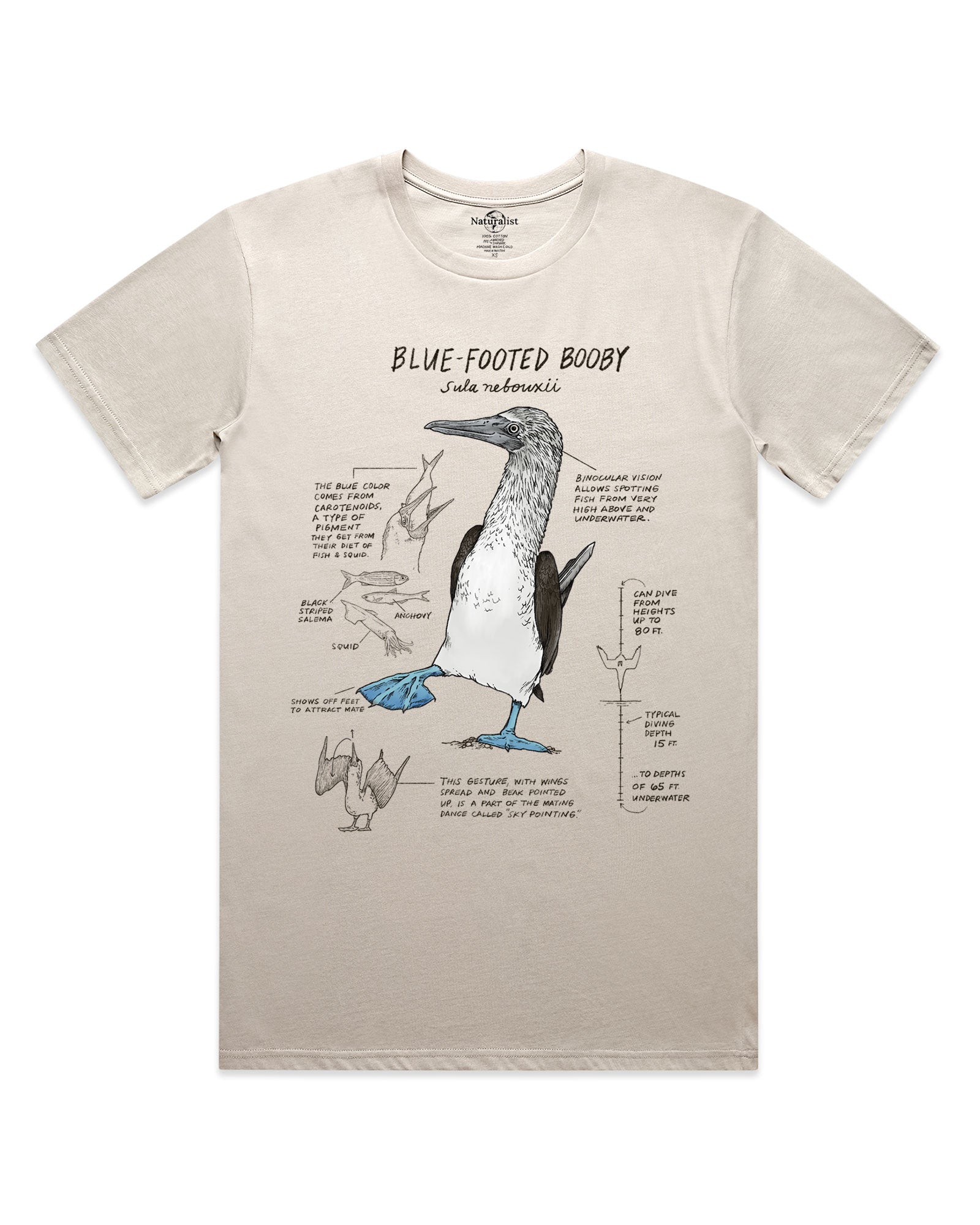 Beige t-shirt with a graphic of a blue-footed booby bird and text on a white background