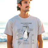 man wearing a t-shirt with an illustration of a lue-footed booby