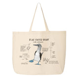 Beige tote bag with blue-footed booby illustration and text on a white background