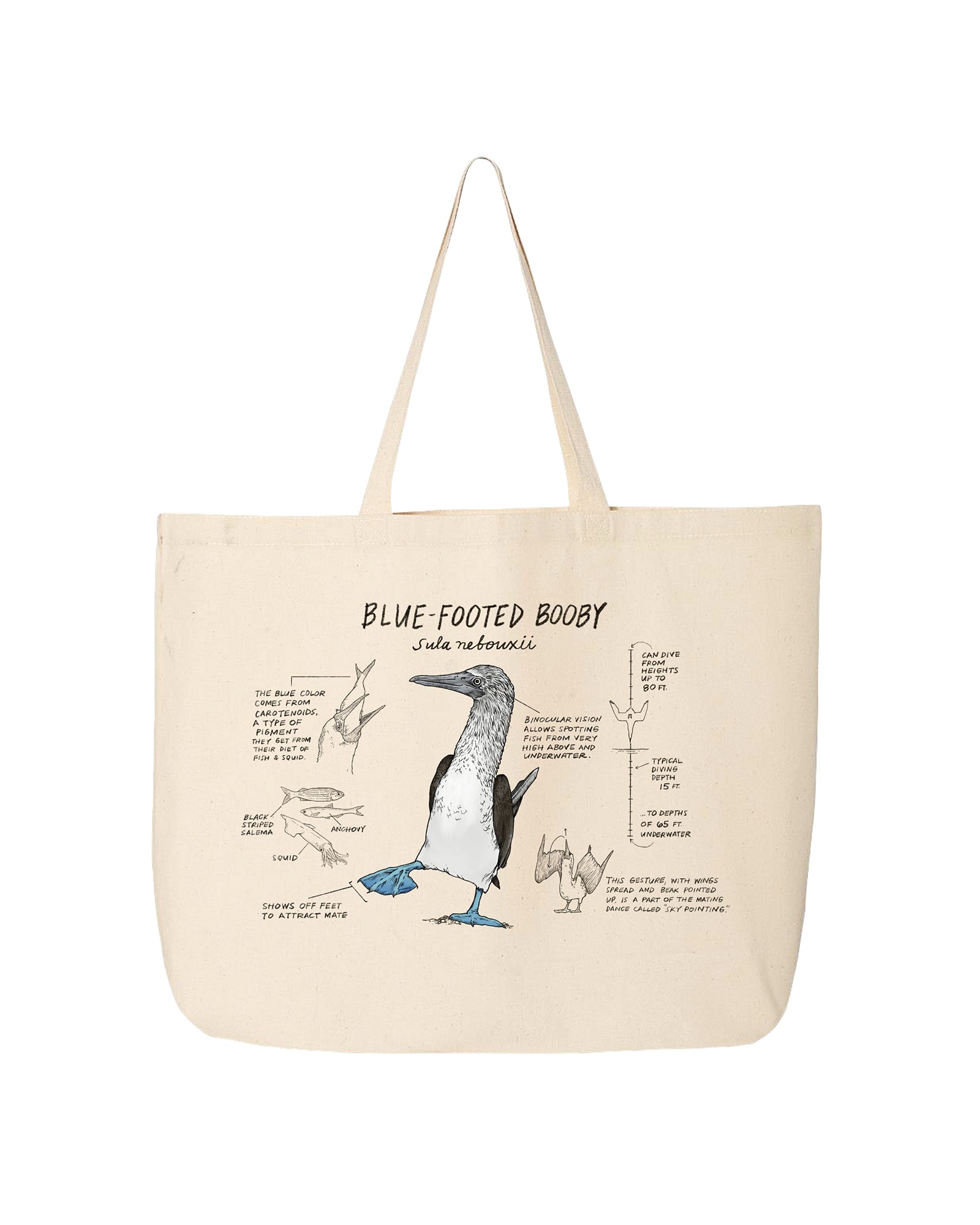 Beige tote bag with blue-footed booby illustration and text on a white background
