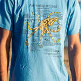 Blue t-shirt with a graphic of a blue-ringed octopus and text on a blurred background