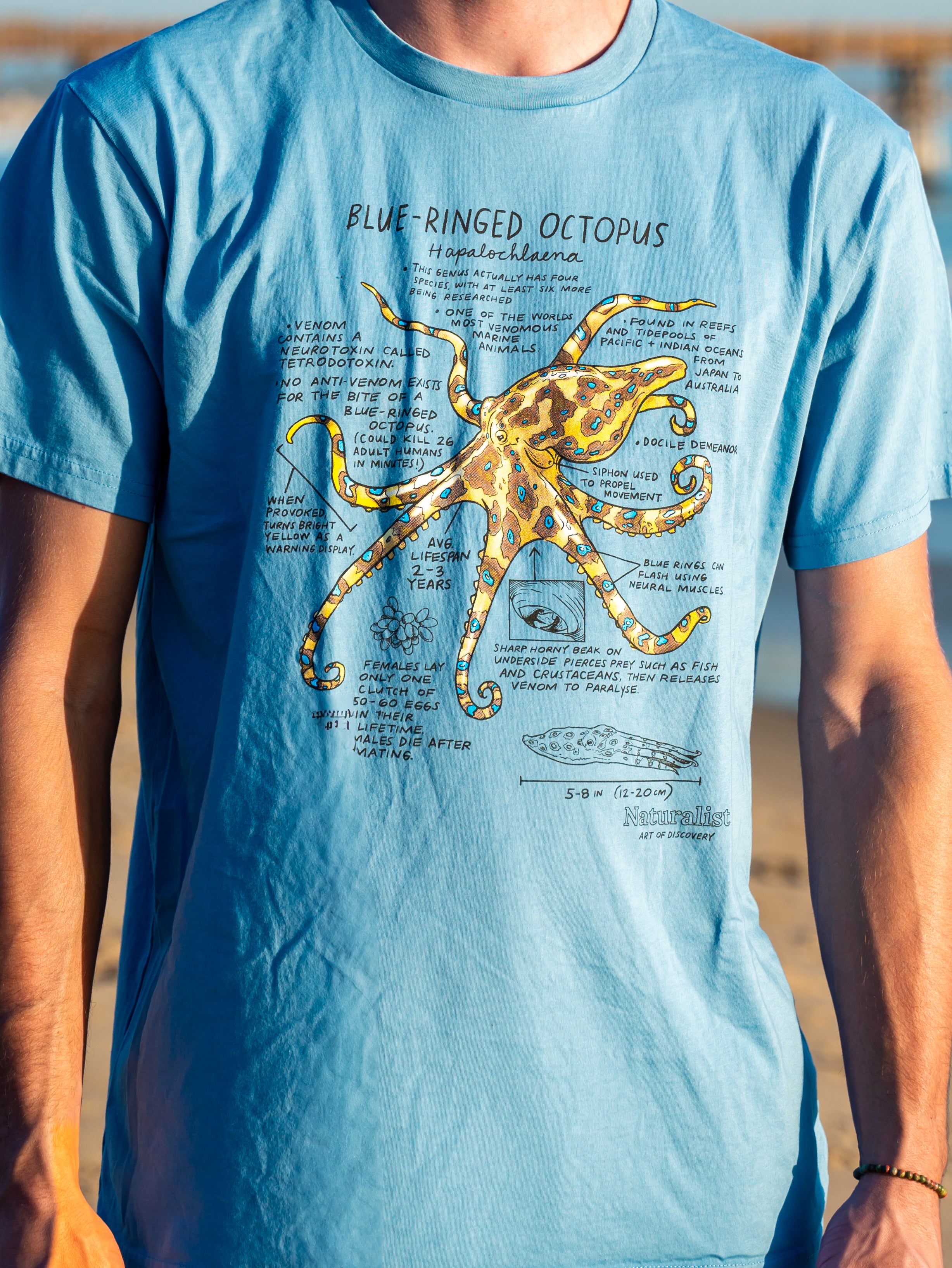 Blue t-shirt with a graphic of a blue-ringed octopus and text on a blurred background