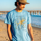 Man wearing a blue t-shirt with a graphic of a blue ringed octopus on a beach