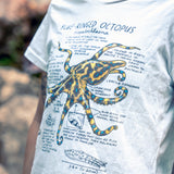 Person wearing a t-shirt with a blue-ringed octopus graphic and text.
