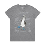 Gray t-shirt with a blue-footed booby illustration and text on a white background