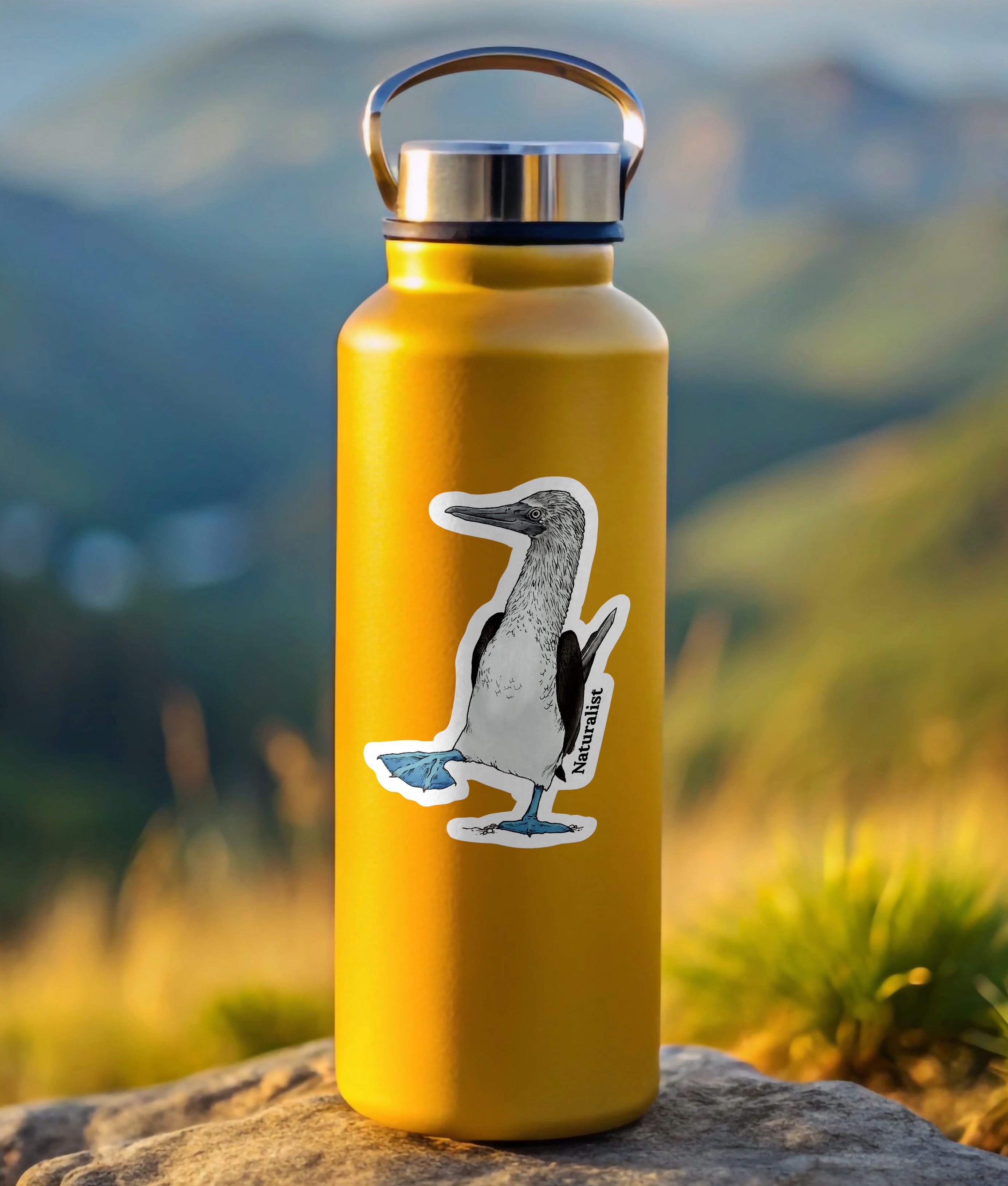 Yellow water bottle with a blue footed booby sticker on a rock with a mountainous background