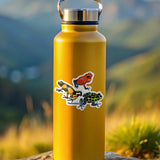 Yellow water bottle with a poison dart frog sticker on a rock with a mountainous background