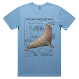 Light blue t-shirt with a Northern Elephant Seal graphic and text on a white background