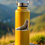 Yellow water bottle with a northern elephant seal sticker on a rock with a mountainous background