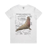 White t-shirt with a graphic of a northern elephant seal and text on a white background