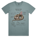 Teal t-shirt with a graphic of a Gaboon Viper and text on a white background