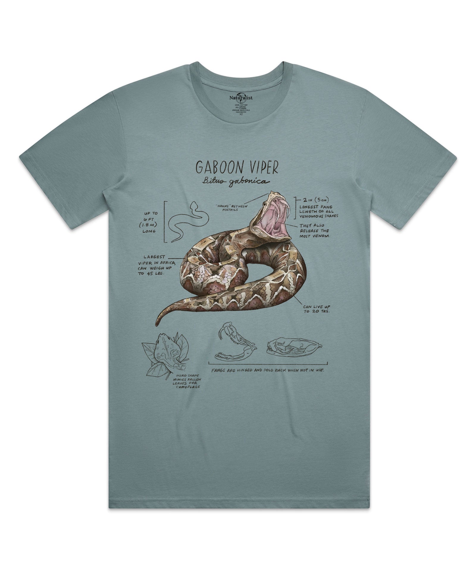 Teal t-shirt with a graphic of a Gaboon Viper and text on a white background