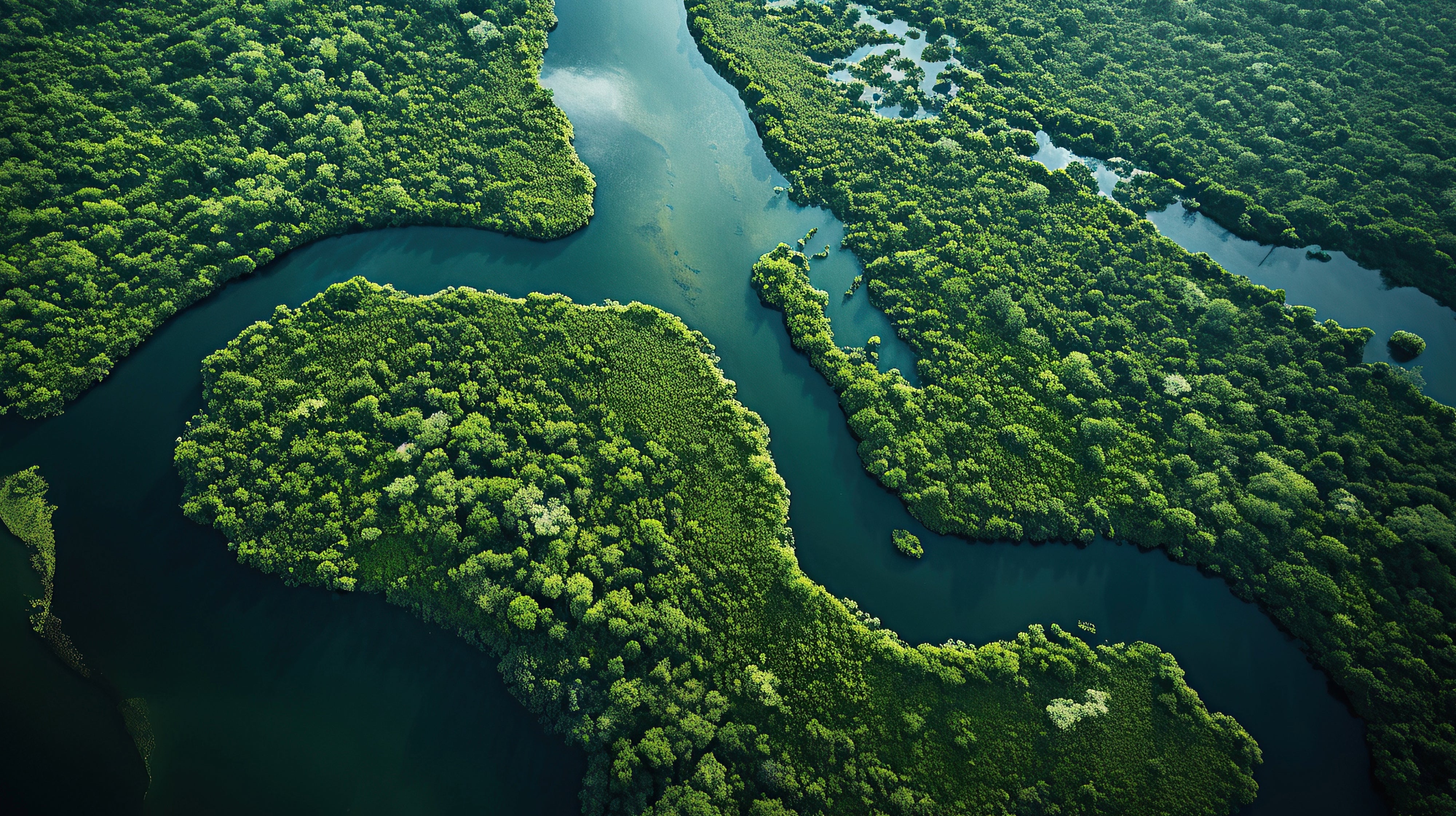 Aerial view of a river meandering through a lush green forest