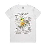 White t-shirt with a spiny flower mantis graphic and text on a white background