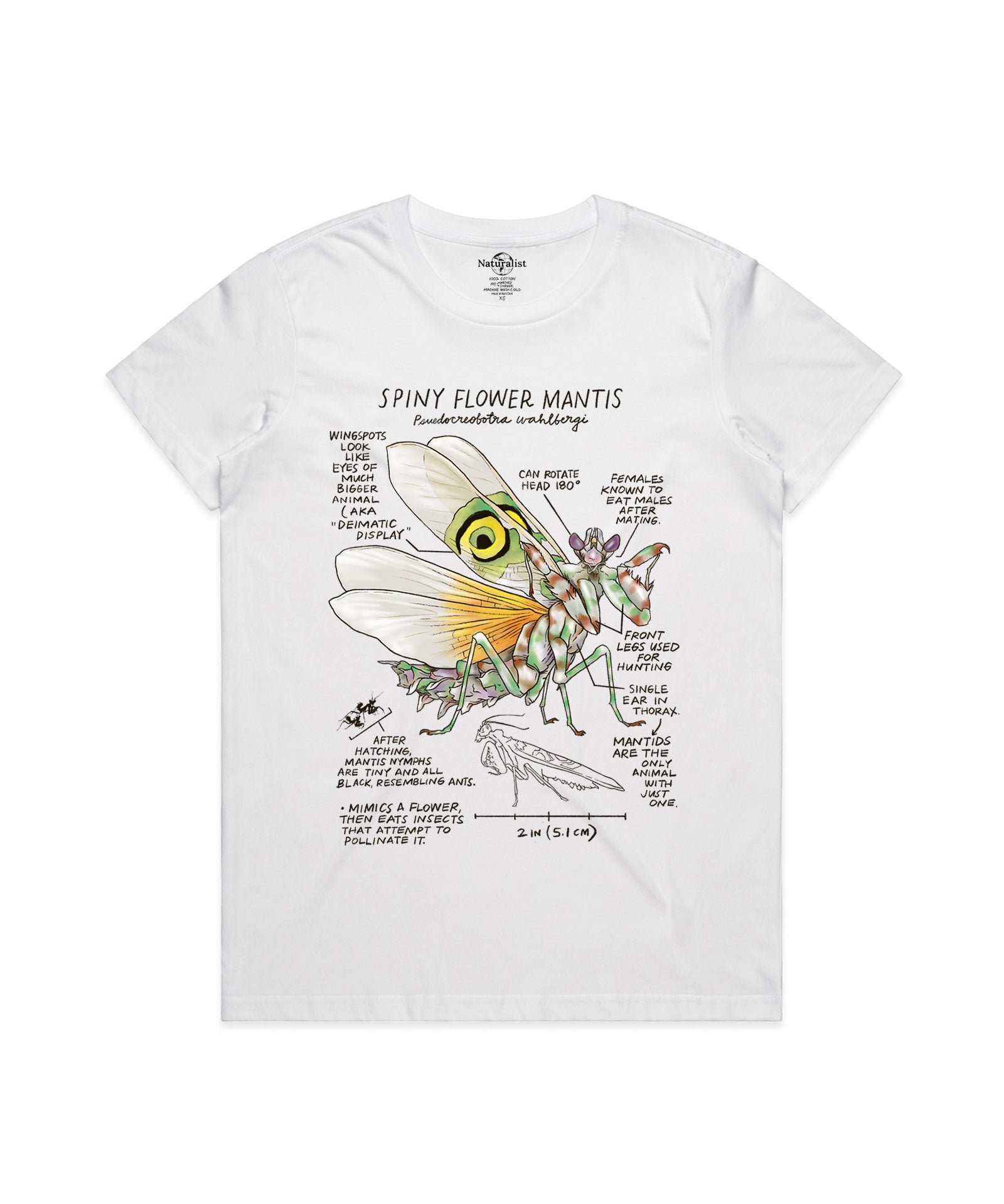 White t-shirt with a spiny flower mantis graphic and text on a white background