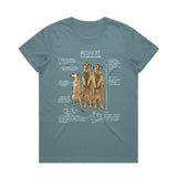 Teal t-shirt with meerkat graphic and text on a white background