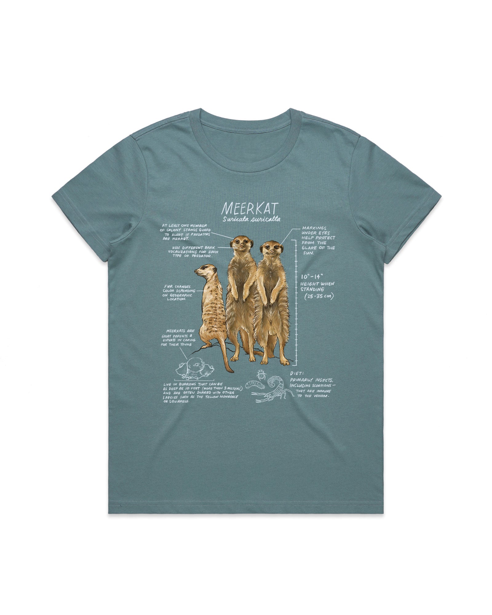 Teal t-shirt with meerkat graphic and text on a white background