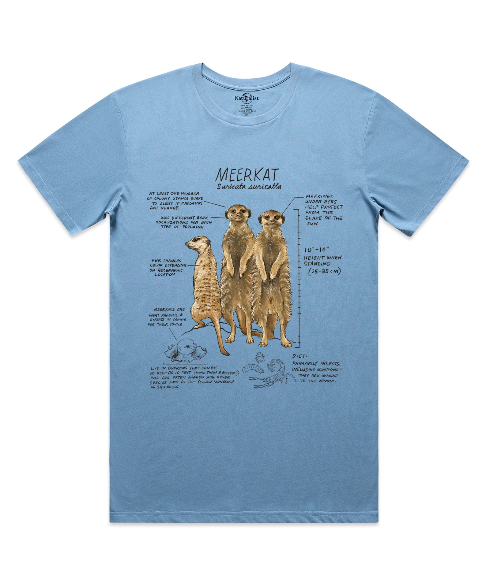 Light blue t-shirt with meerkat graphic and text on a white background