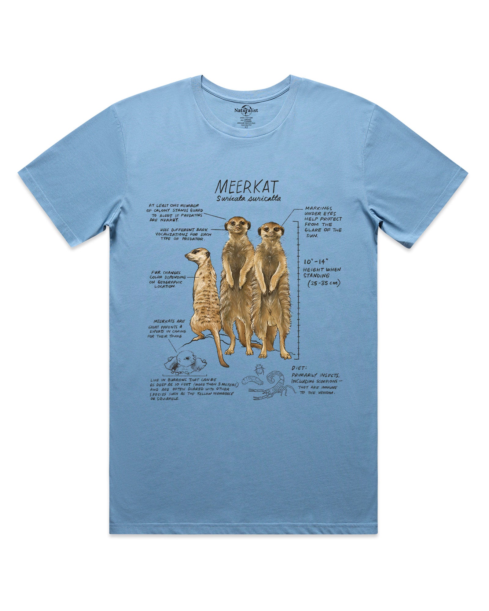 Light blue t-shirt with meerkat graphic and text on a white background