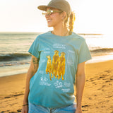 Woman wearing a light blue t-shirt with a meerkat illustration on a beach