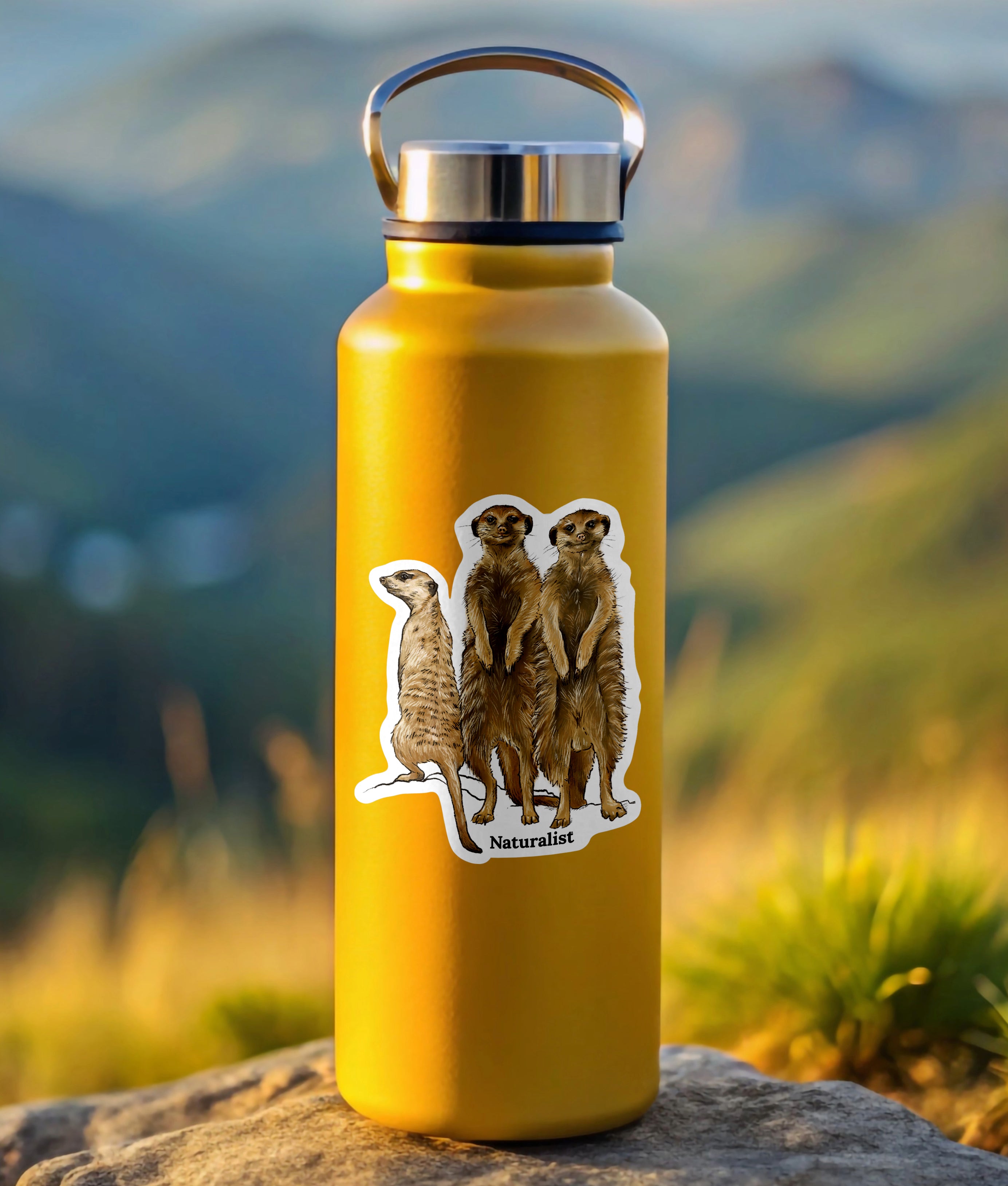 Yellow water bottle with meerkat design on a rock with a mountainous background