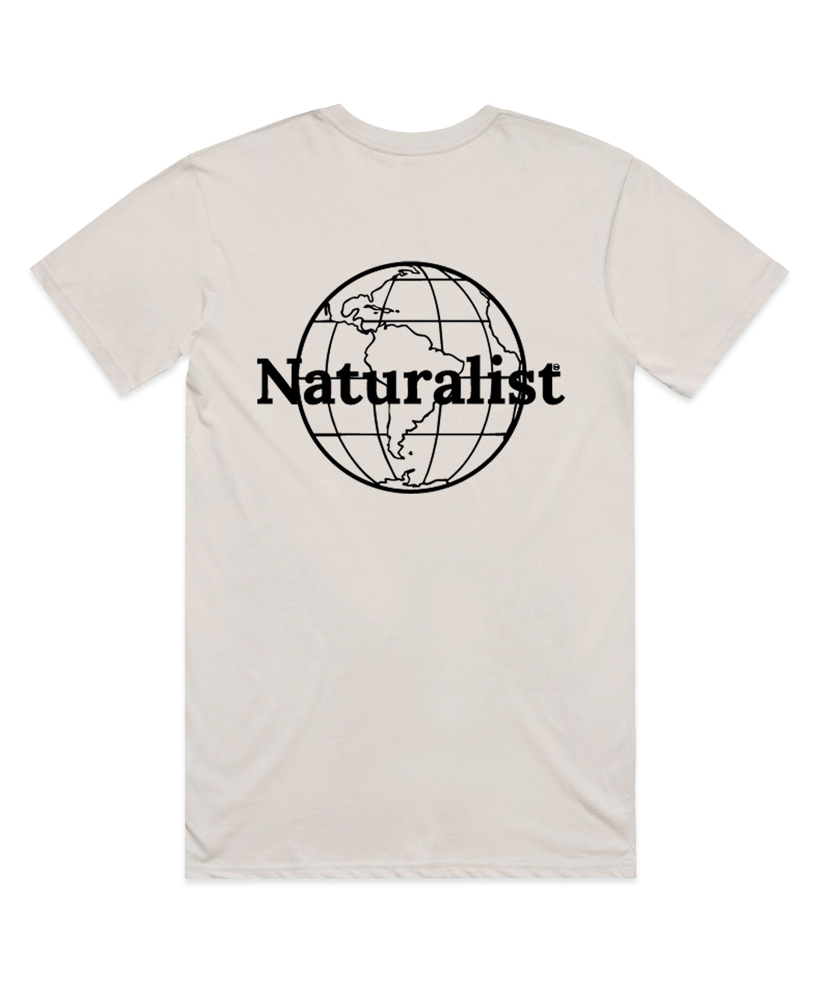 White t-shirt with 'Naturalist' globe design on a white background