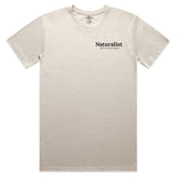 Beige t-shirt with 'Naturalist' text on a white background