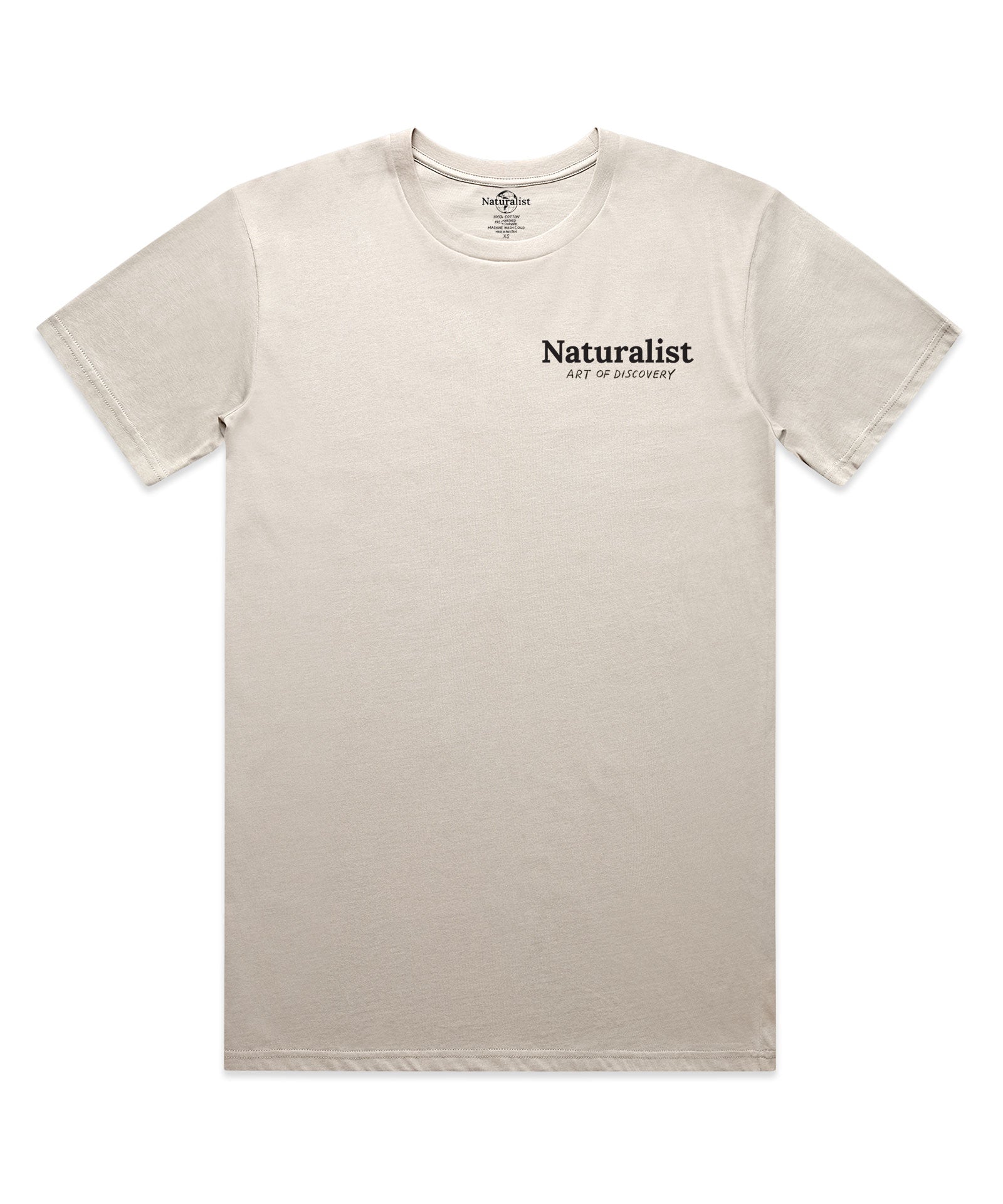Beige t-shirt with 'Naturalist' text on a white background