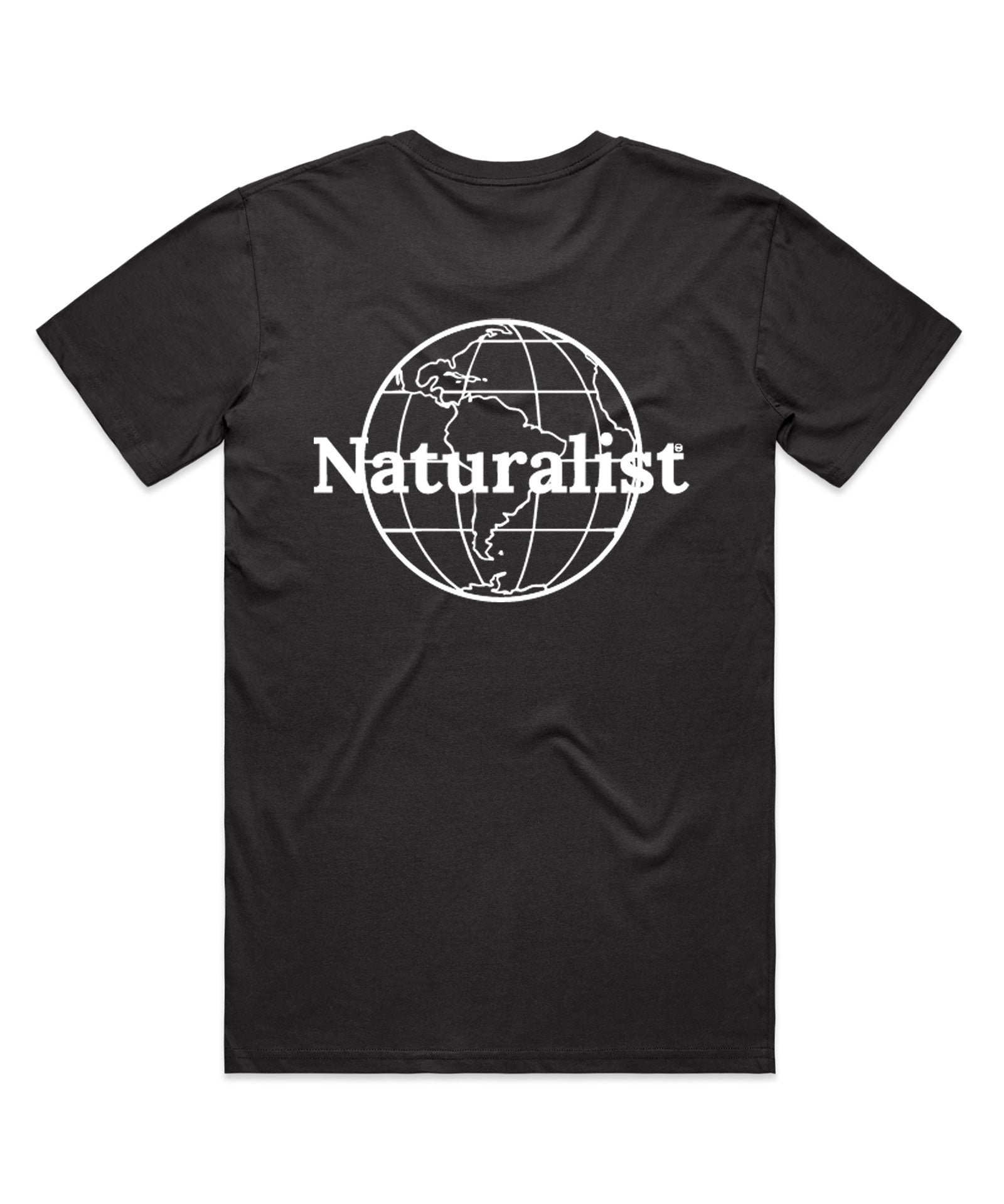 Black t-shirt with 'Naturalist' globe design on a white background