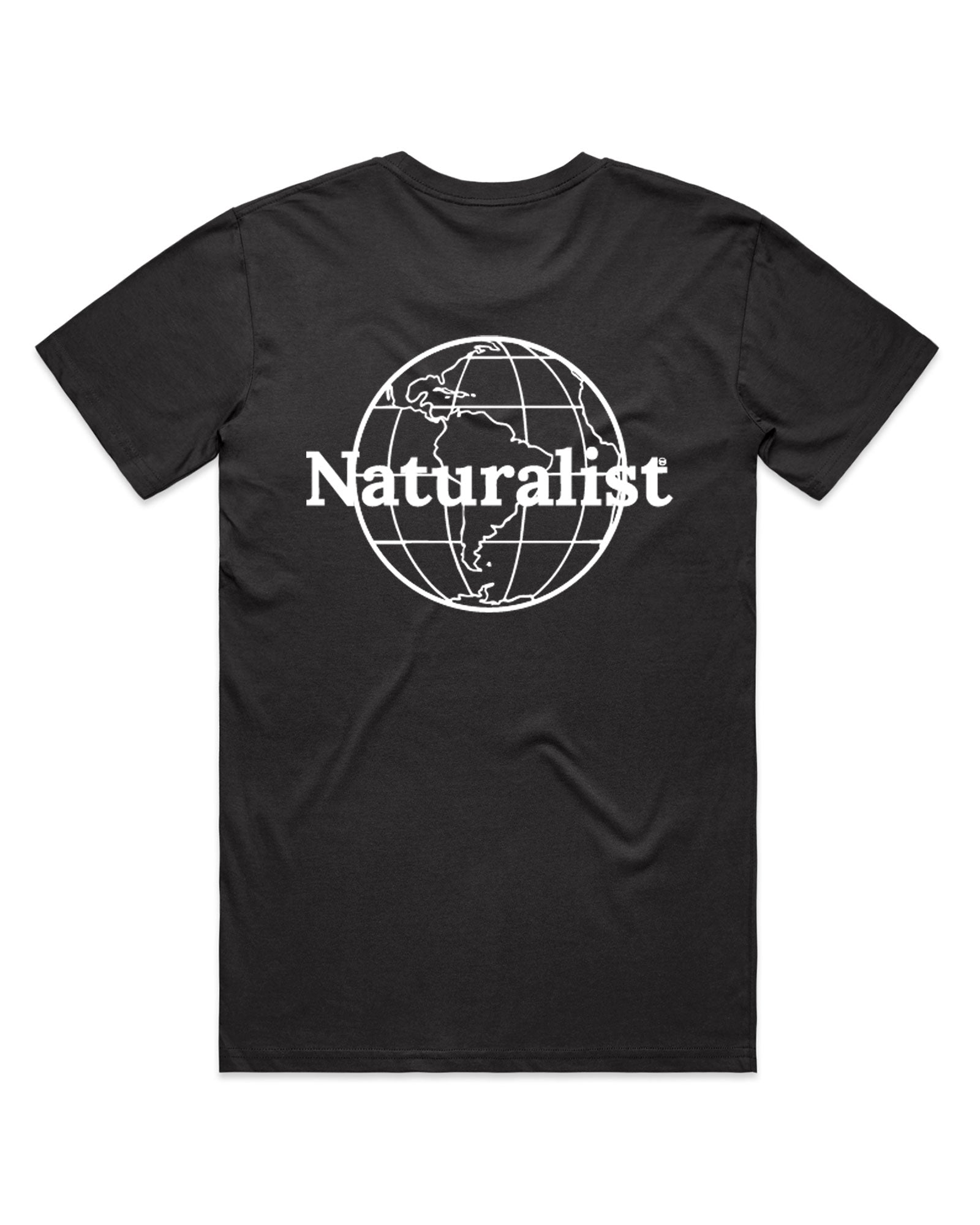 Black t-shirt with 'Naturalist' globe design on a white background