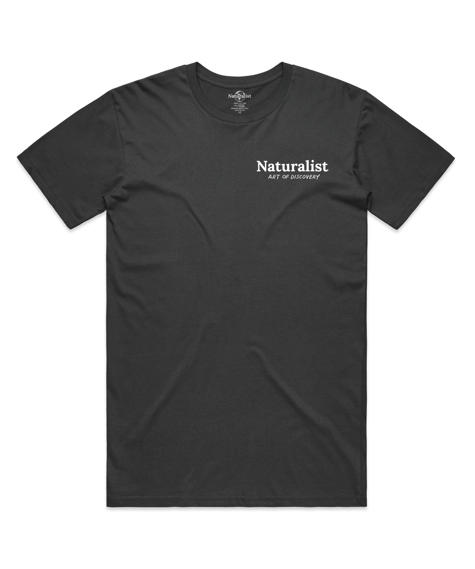 Black t-shirt with 'Naturalist' logo on a white background