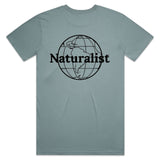 Slate gray t-shirt with 'Naturalist' globe design on a white background