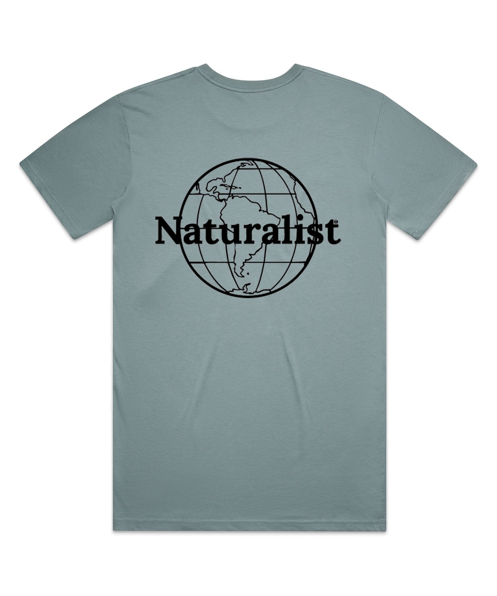 Slate gray t-shirt with 'Naturalist' globe design on a white background