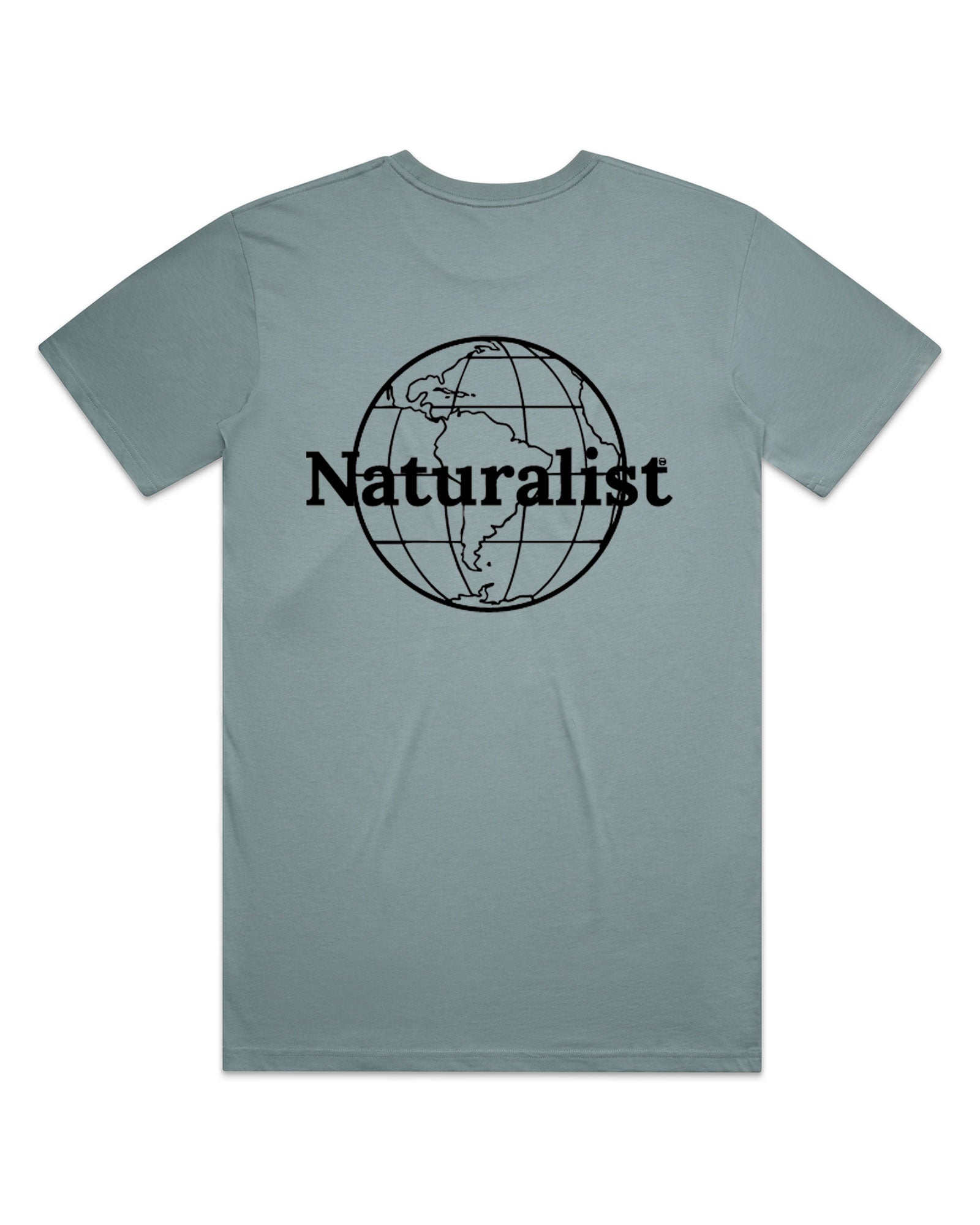 Slate gray t-shirt with 'Naturalist' globe design on a white background