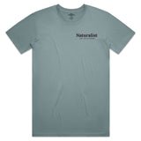 Slate gray t-shirt with 'Naturalist' text on a white background