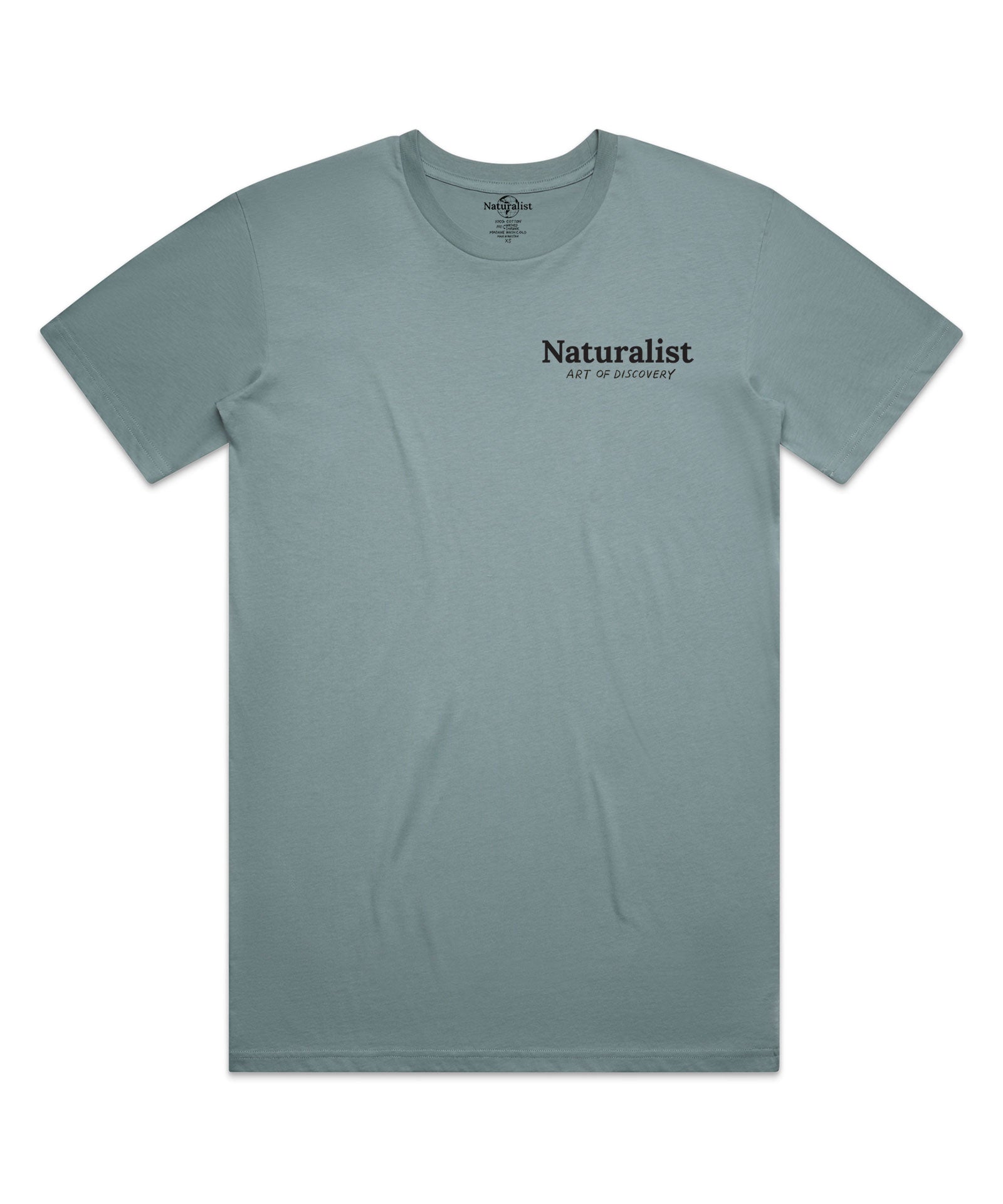Slate gray t-shirt with 'Naturalist' text on a white background