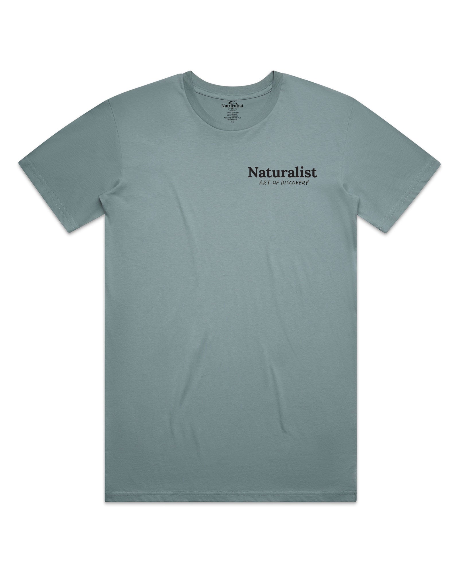 Slate gray t-shirt with 'Naturalist' text on a white background