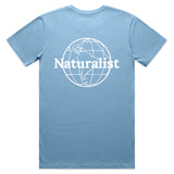 Light blue t-shirt with 'Naturalist' and globe design on a white background