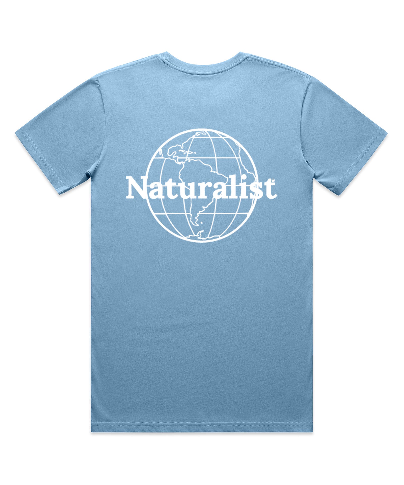 Light blue t-shirt with 'Naturalist' and globe design on a white background
