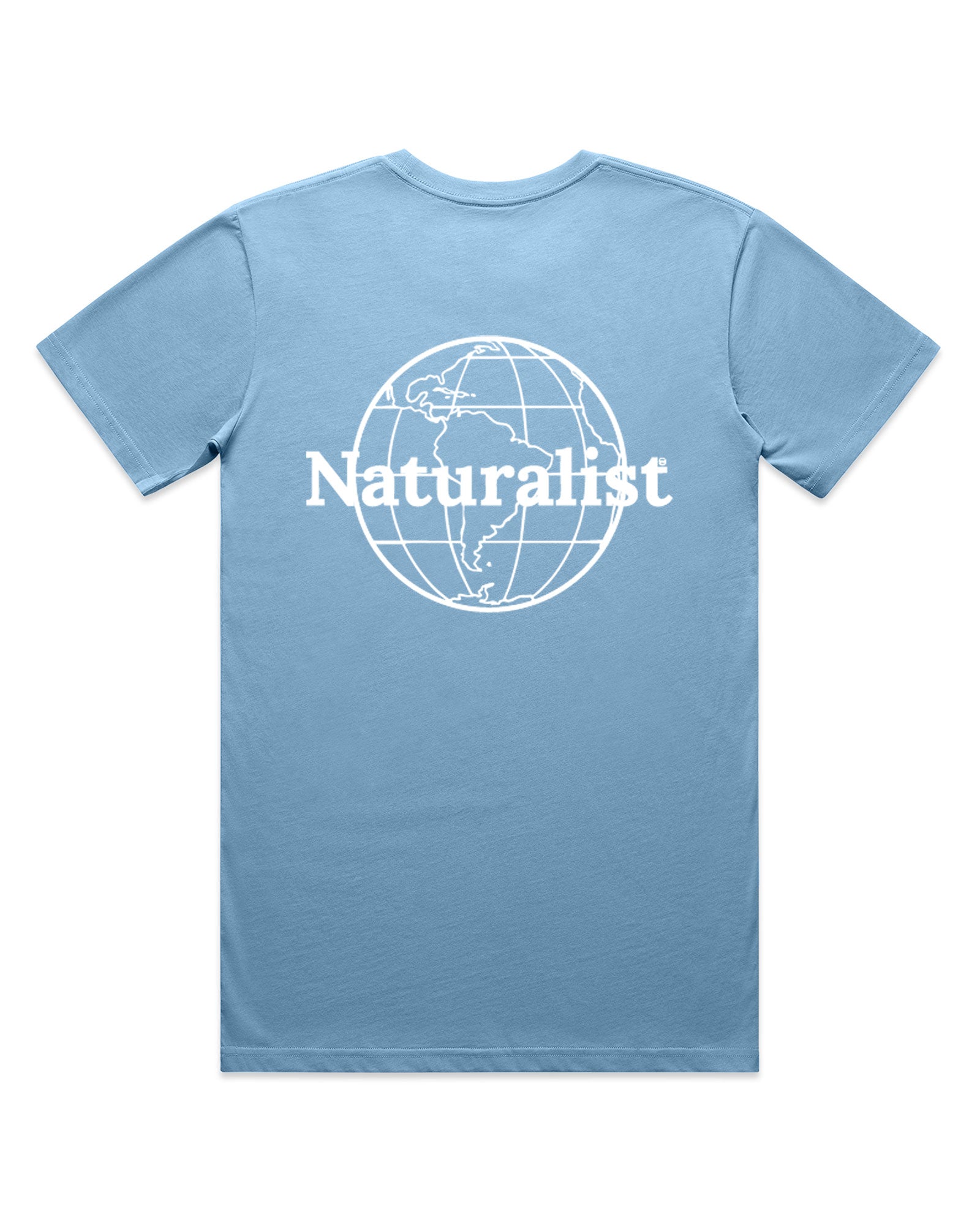 Light blue t-shirt with 'Naturalist' and globe design on a white background