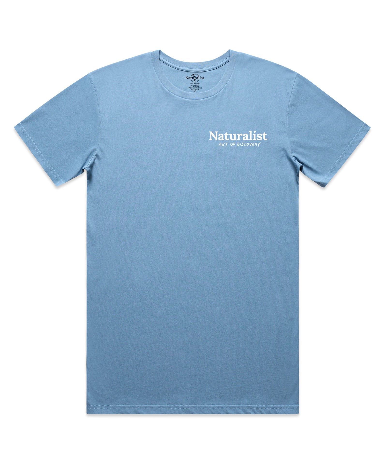 Light blue t-shirt with 'Naturalist' text on a white background