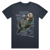 Navy blue t-shirt with a sea otter graphic and text on a white background