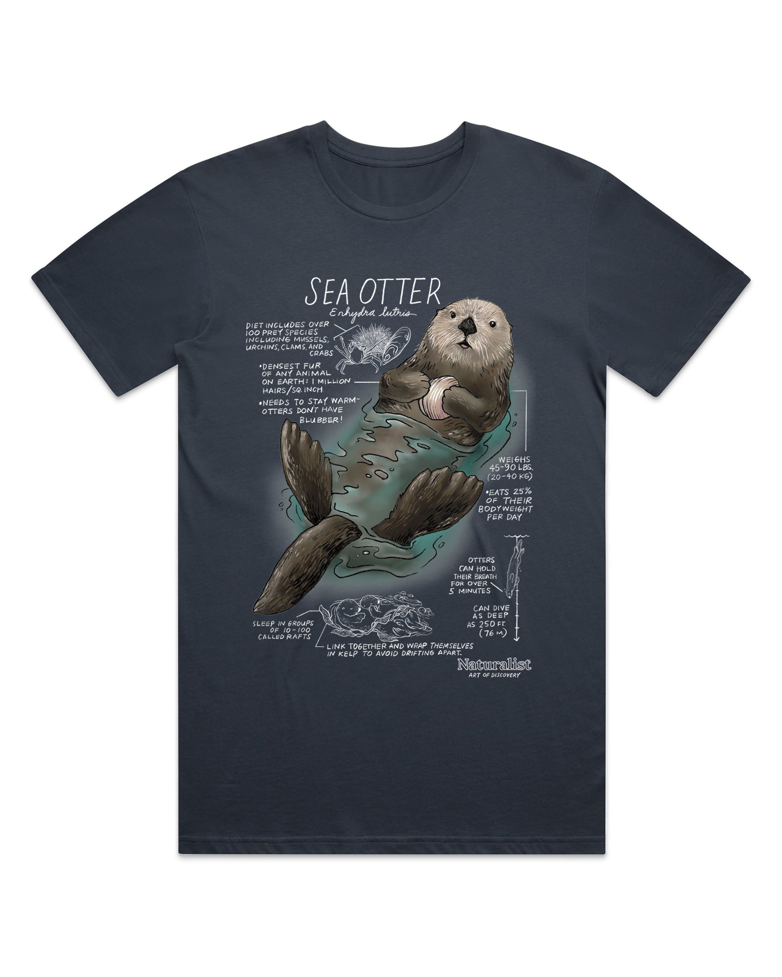 Navy blue t-shirt with a sea otter graphic and text on a white background