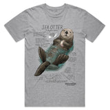Sea Otter species facts graphic tee showing an illustrated sea otter floating in water with educational marine biology facts printed on a gray shirt