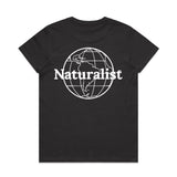Black t-shirt with 'Naturalist' design on a white background