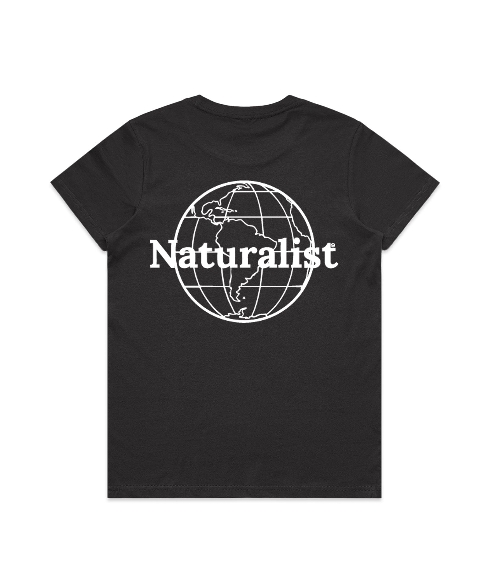 Black t-shirt with 'Naturalist' design on a white background