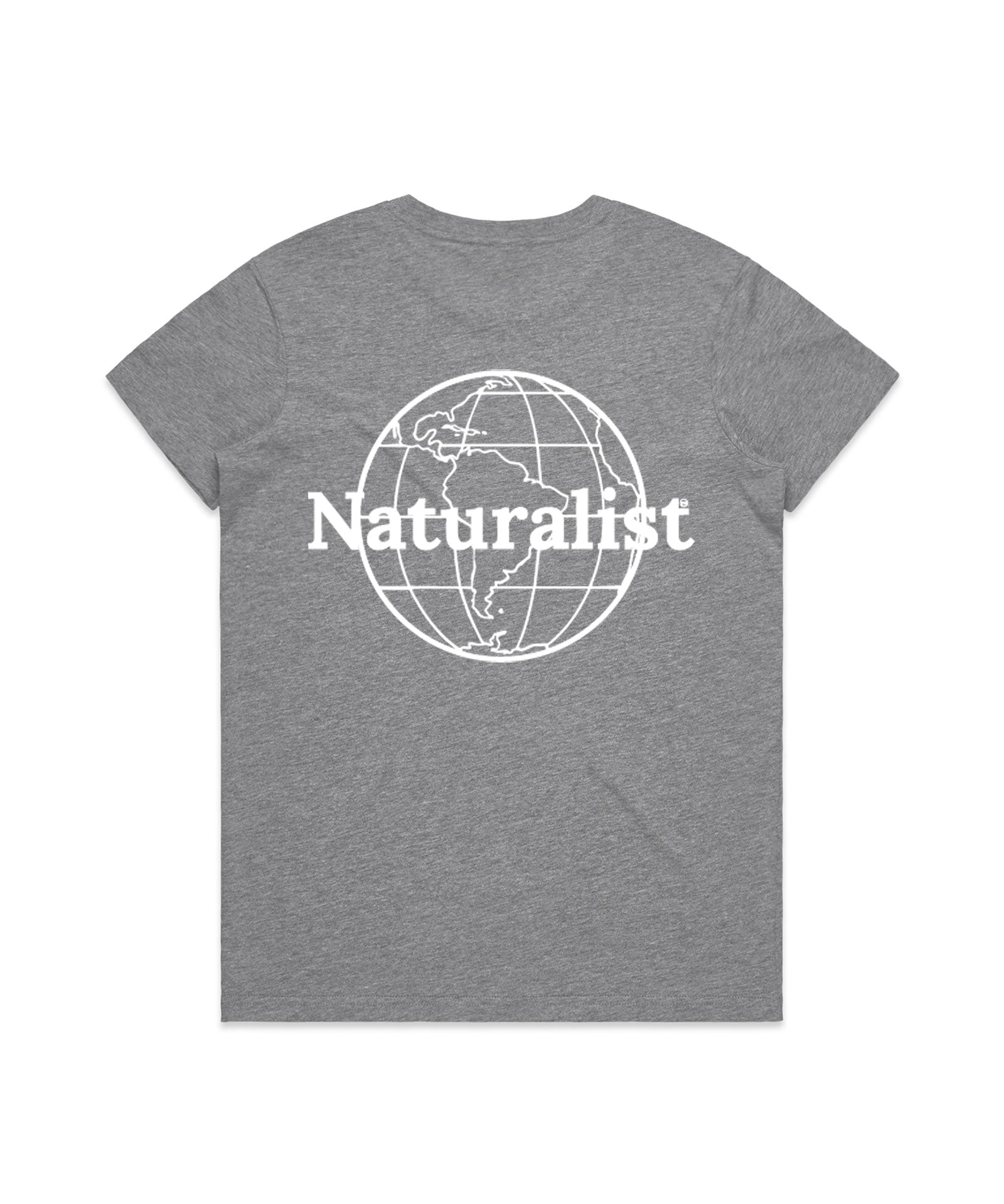 Gray t-shirt with 'Naturalist' and world map design on a white background
