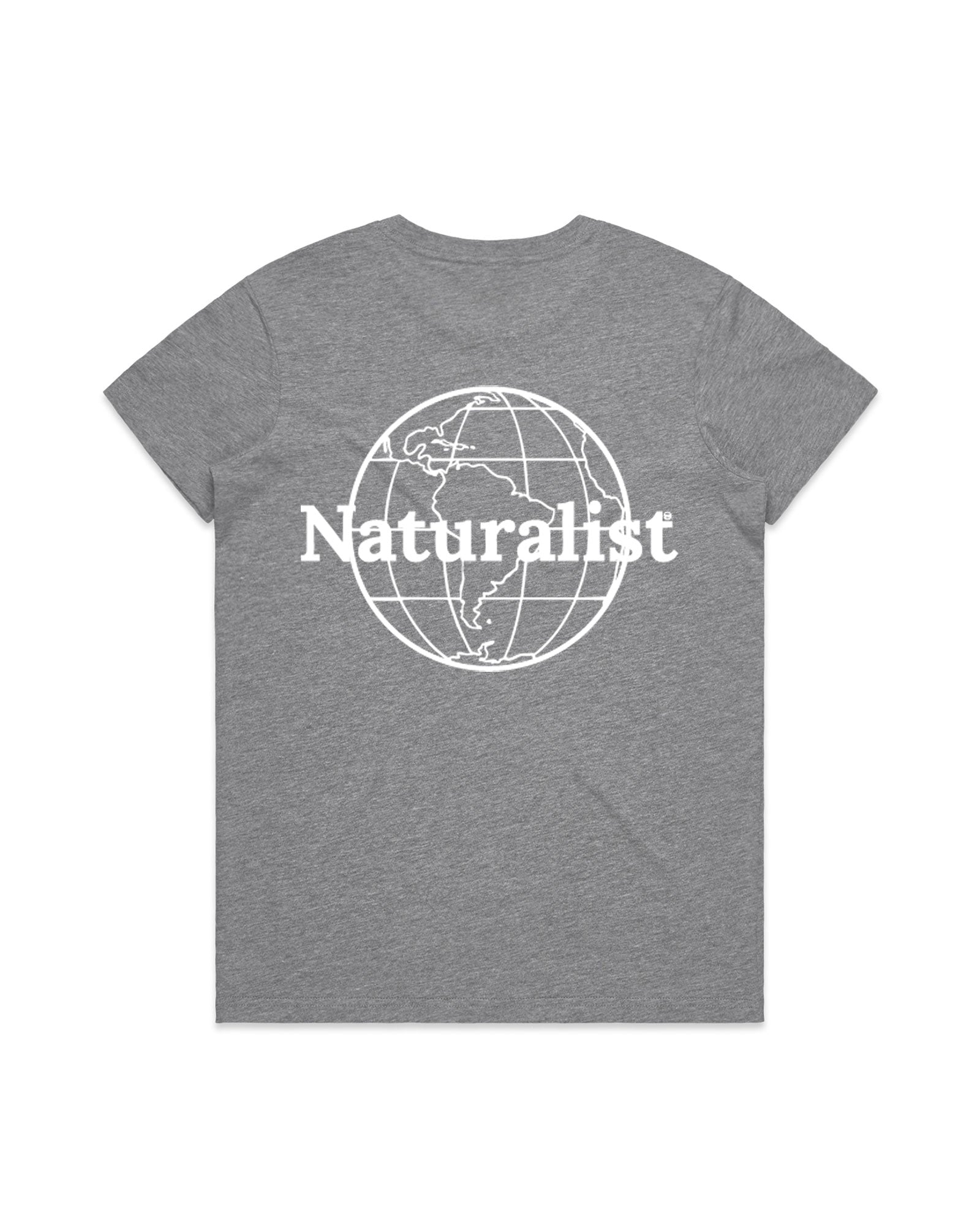Gray t-shirt with 'Naturalist' and world map design on a white background