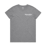 Gray t-shirt with 'Naturalist' text on a white background